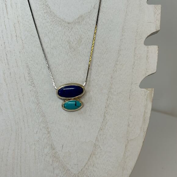 Vintage Oval Shape Turquoise & Lapis 925 Sterling Silver Necklace Size 3/4 inch - Picture 2 of 11